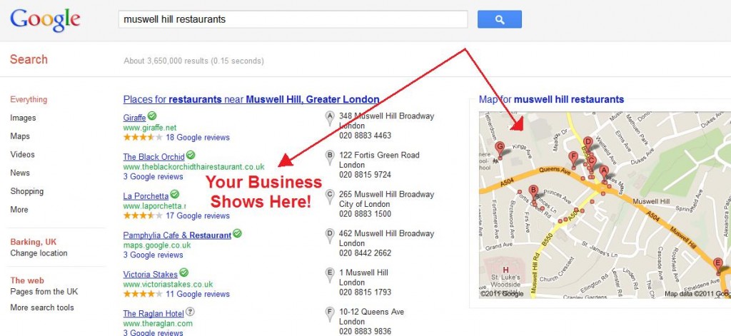 Screenshot showing Google Places ranking business listings 