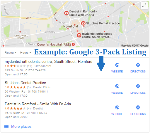 Example of Google Local SEO, 3-Pack Listing